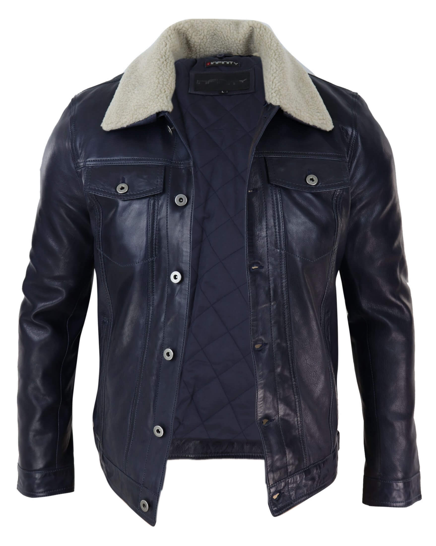 Jaqueta masculina de couro legítimo com gola de pele, estilo retrô vintage clássico, azul marinho casual.