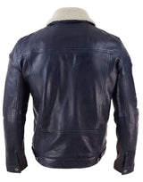 Jaqueta masculina de couro legítimo com gola de pele, estilo retrô vintage clássico, azul marinho casual.