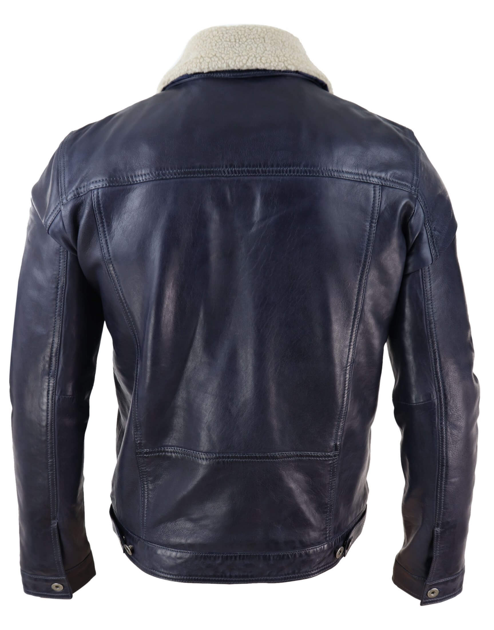 Jaqueta masculina de couro legítimo com gola de pele, estilo retrô vintage clássico, azul marinho casual.