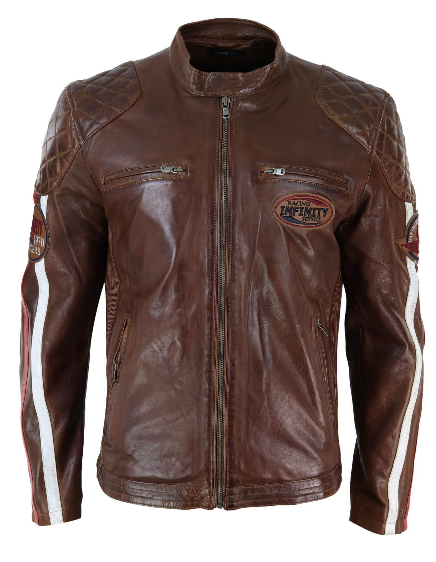 Jaqueta masculina de couro legítimo nas cores preto, azul marinho e marrom, estilo motociclista, com listras nas mangas - Timber