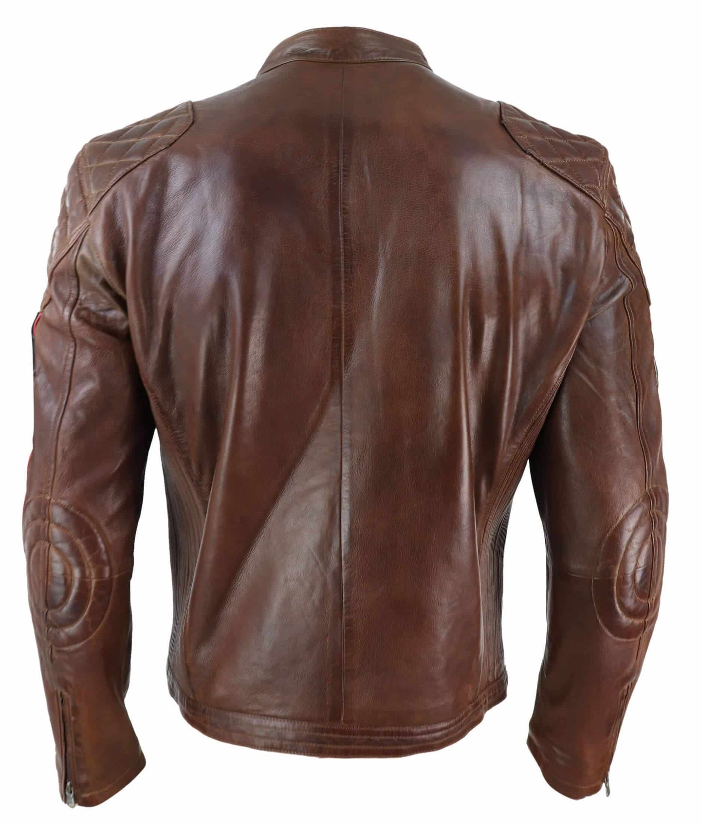 Jaqueta masculina de couro legítimo nas cores preto, azul marinho e marrom, estilo motociclista, com listras nas mangas - Timber