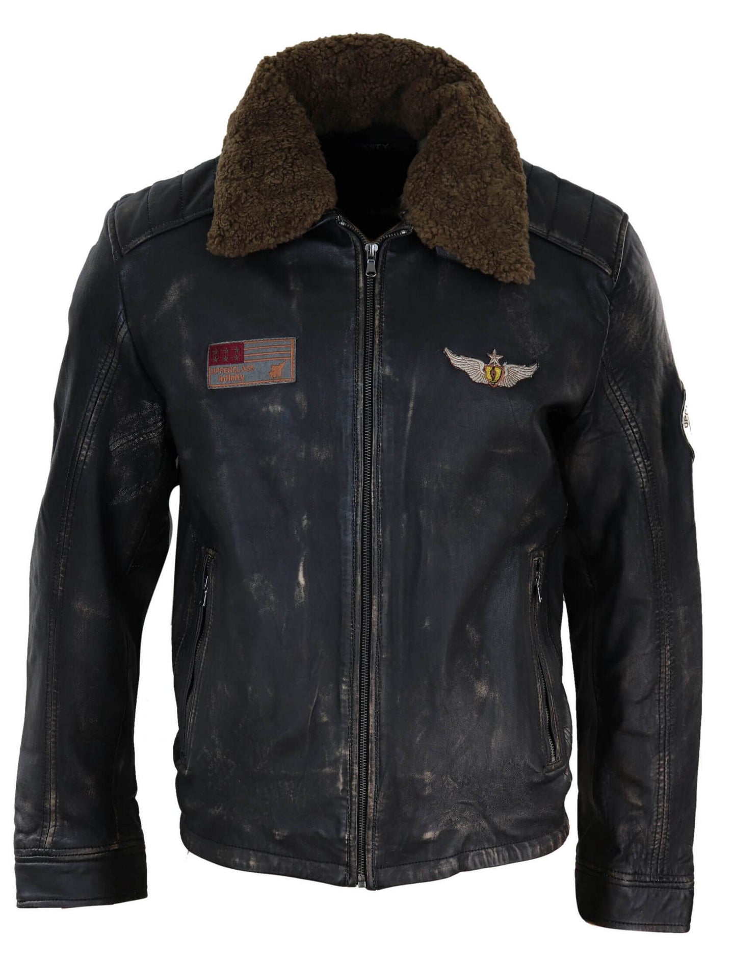 Jaqueta masculina vintage de couro com gola de pele.