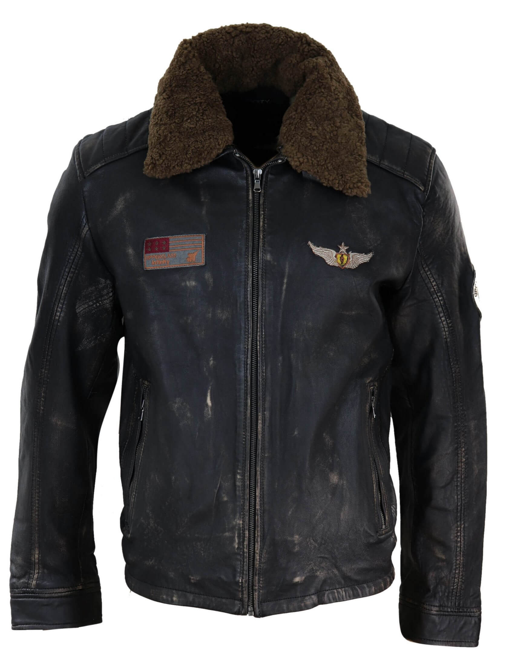 Jaqueta masculina vintage de couro com gola de pele.