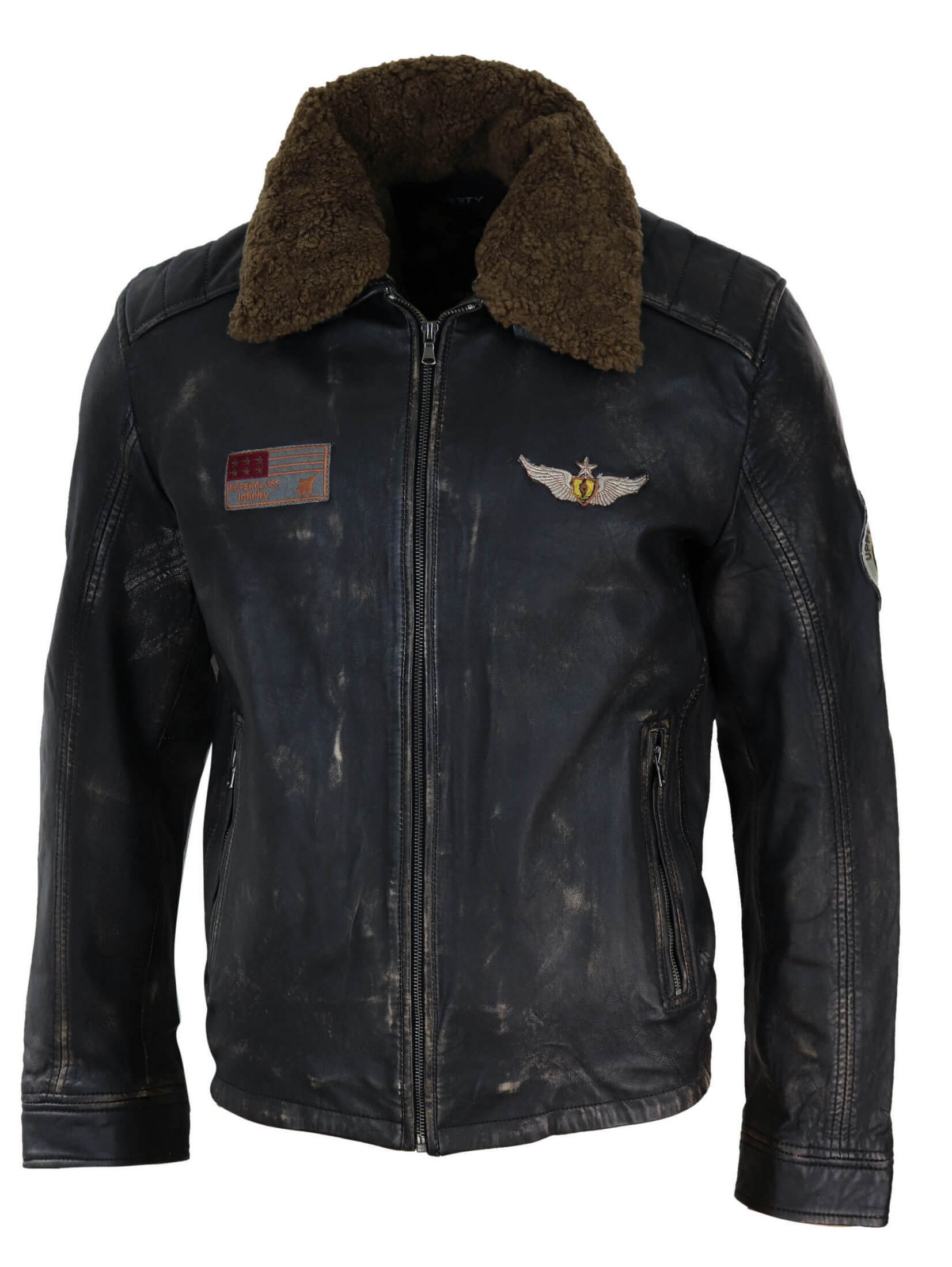 Jaqueta masculina vintage de couro com gola de pele.