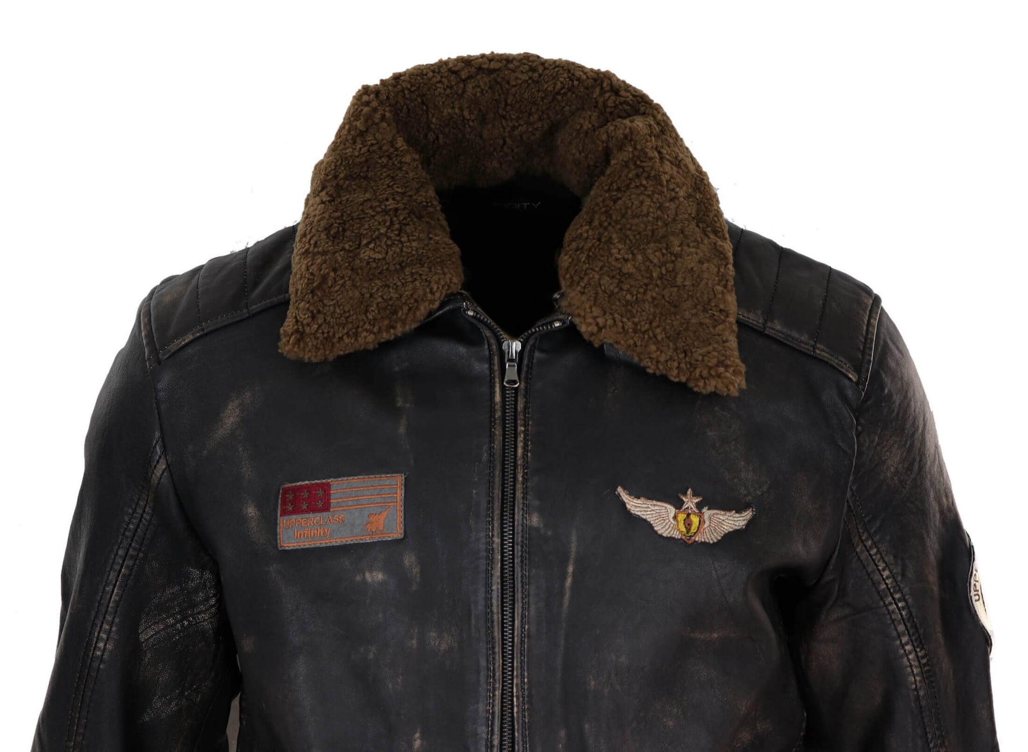 Jaqueta masculina vintage de couro com gola de pele.