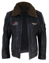 Jaqueta masculina vintage de couro com gola de pele.