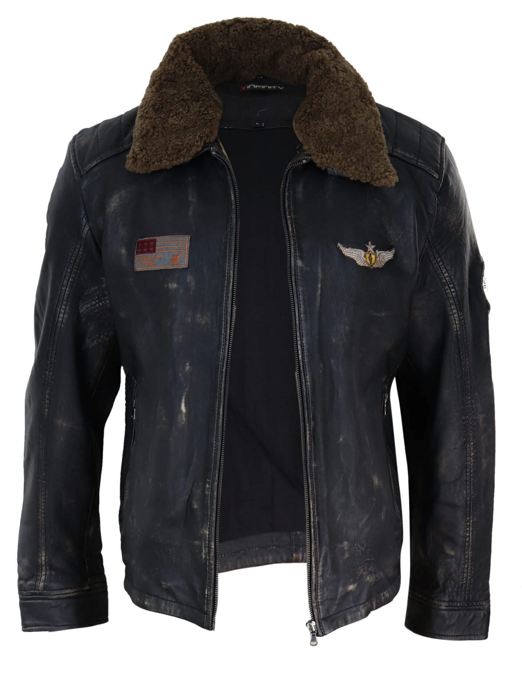Jaqueta masculina vintage de couro com gola de pele.