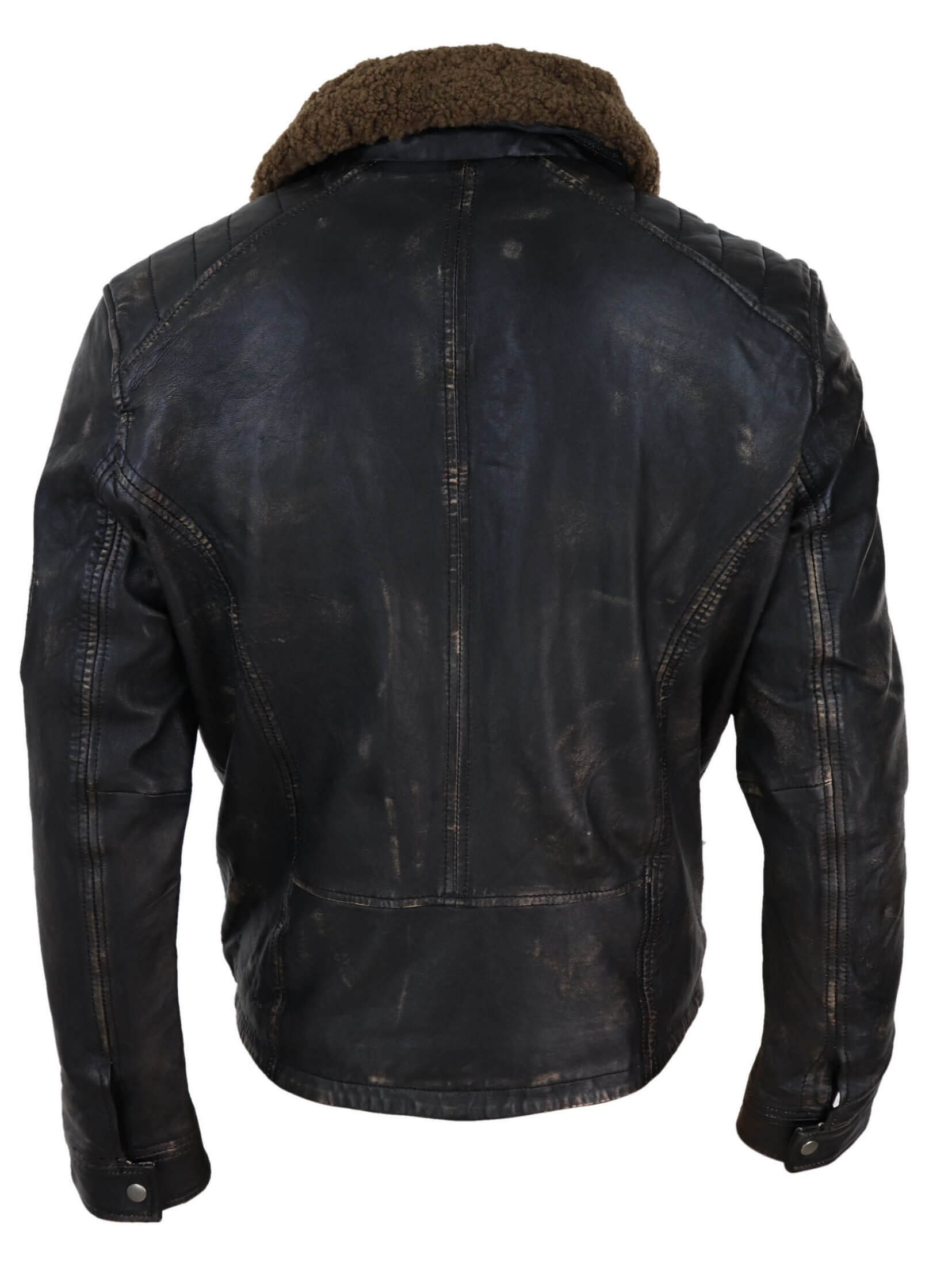Jaqueta masculina vintage de couro com gola de pele.