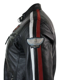 Jaqueta masculina de couro legítimo preta estilo motociclista, com zíper, listras vermelhas e brancas e emblema.
