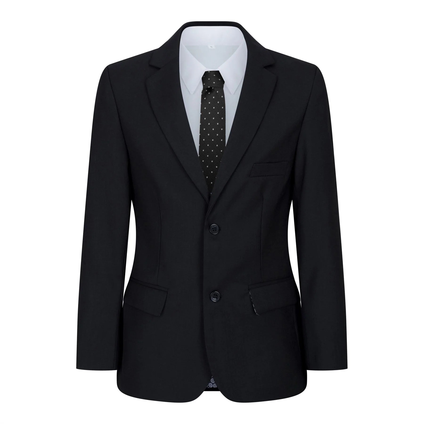 Terno preto de 5 peças para menino: blazer, colete, camisa, gravata e calça para casamento e funeral.