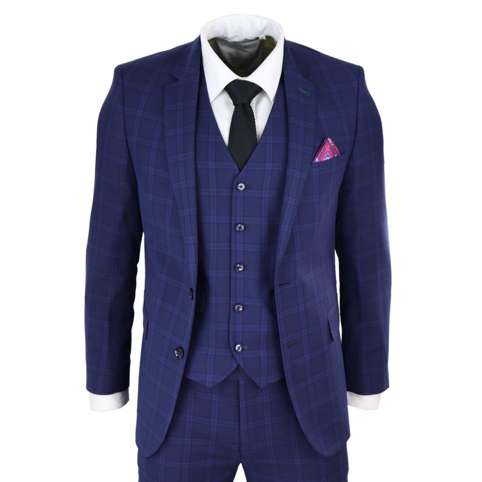 Terno de casamento masculino azul-marinho xadrez de 3 peças