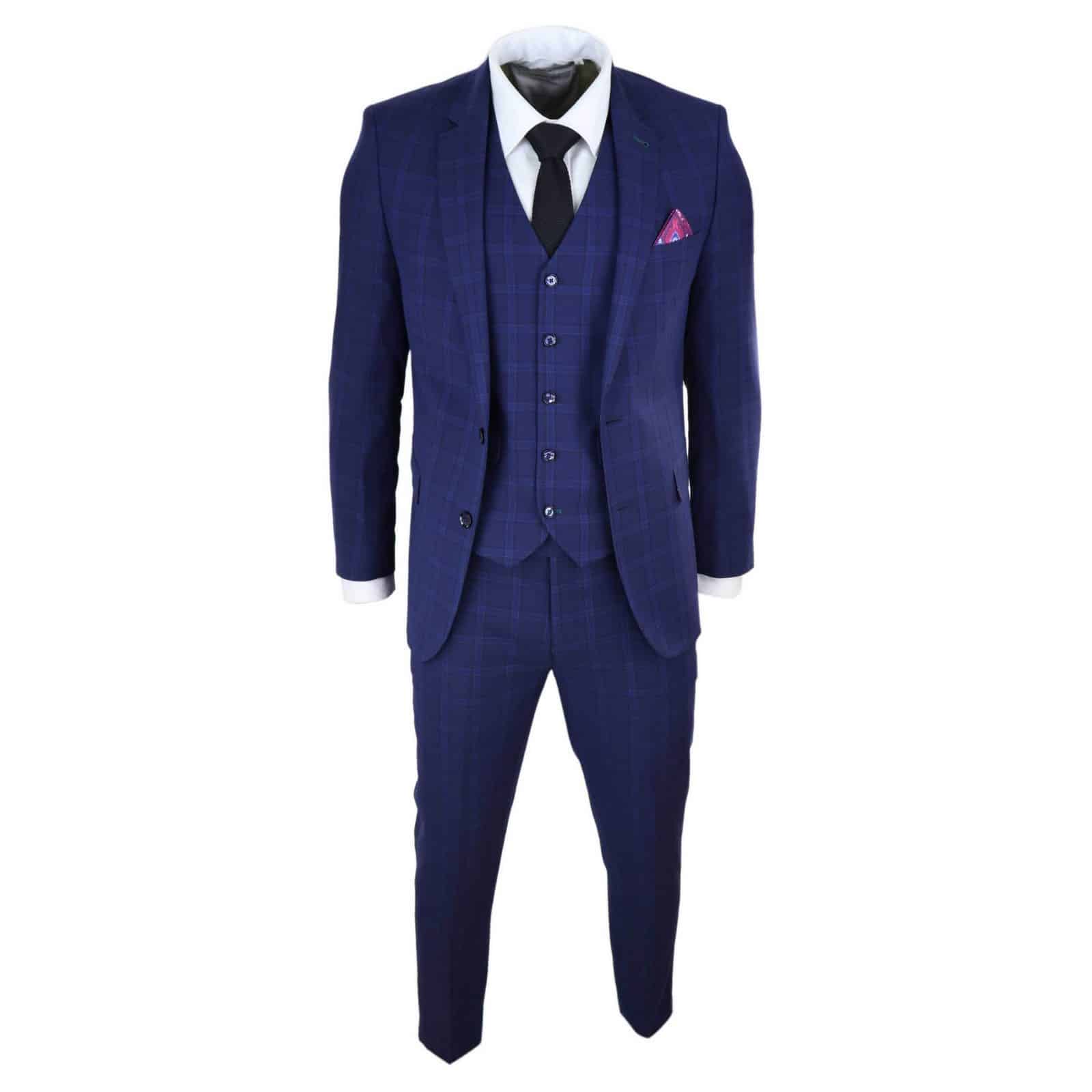 Terno de casamento masculino azul-marinho xadrez de 3 peças