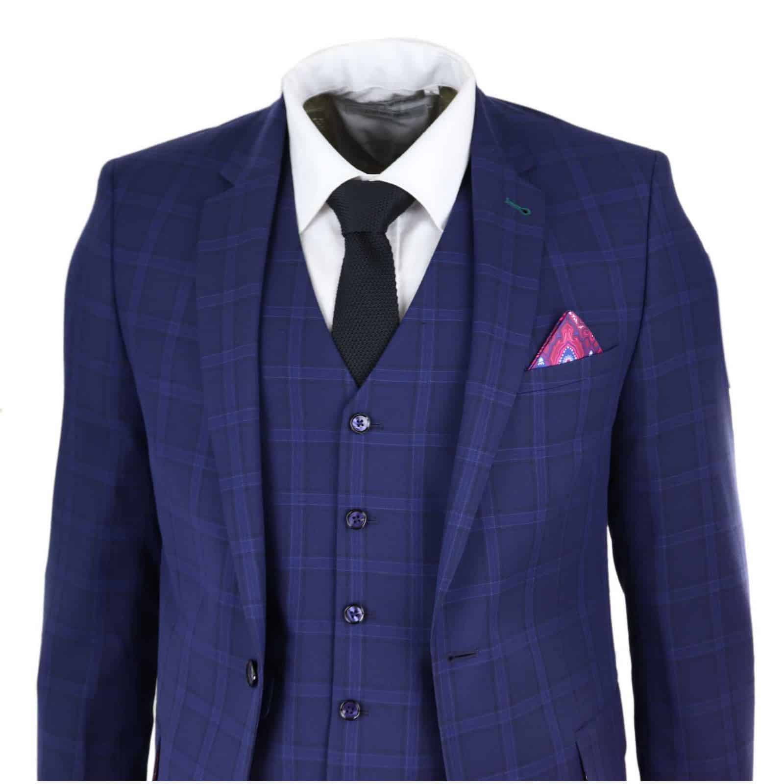 Terno de casamento masculino azul-marinho xadrez de 3 peças