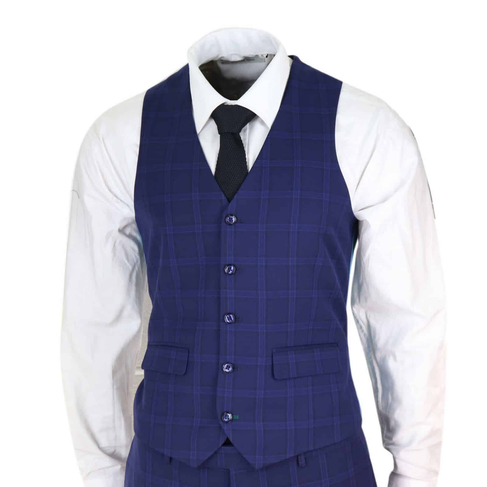 Terno de casamento masculino azul-marinho xadrez de 3 peças