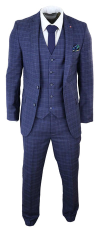 Terno masculino azul marinho xadrez de 3 peças, corte slim.
