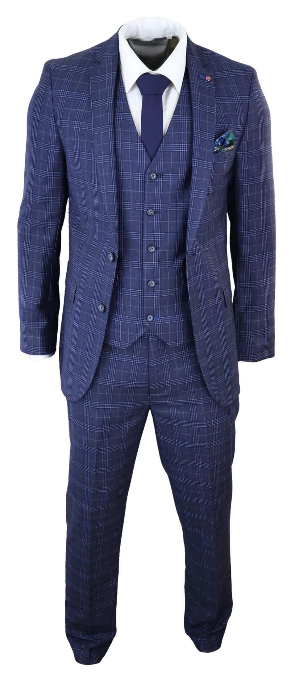 Terno masculino azul marinho xadrez de 3 peças, corte slim.