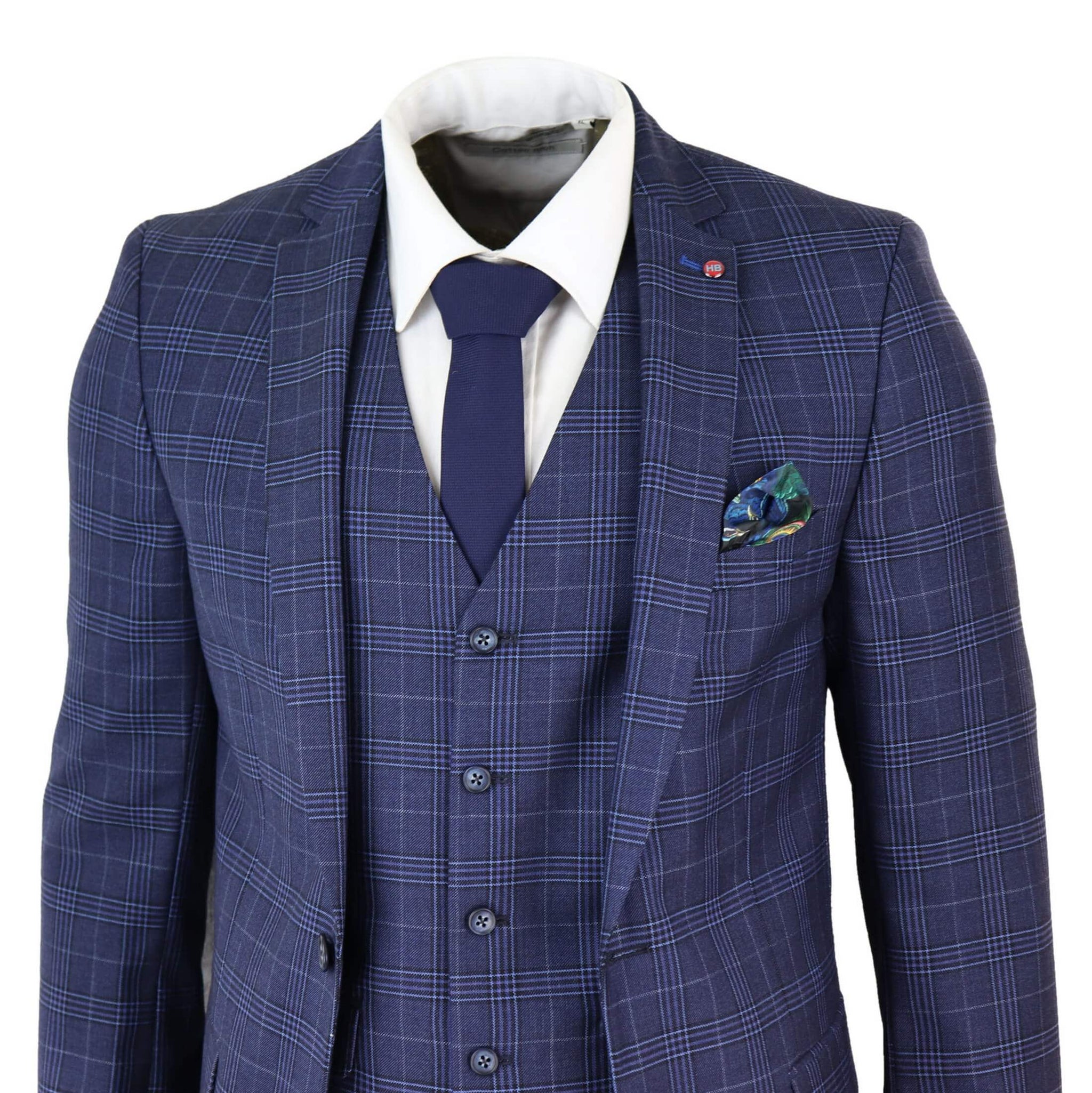 Terno masculino azul marinho xadrez de 3 peças, corte slim.