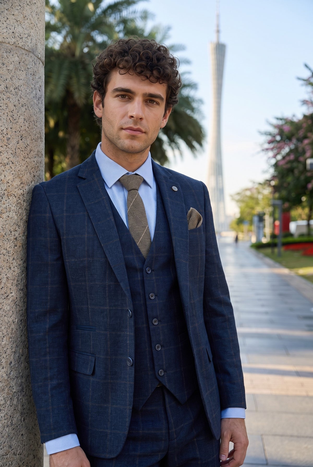 Look #729 styled with Terno masculino de 3 peças em lã tweed azul marinho xadrez marrom estilo Gatsby dos anos 1920