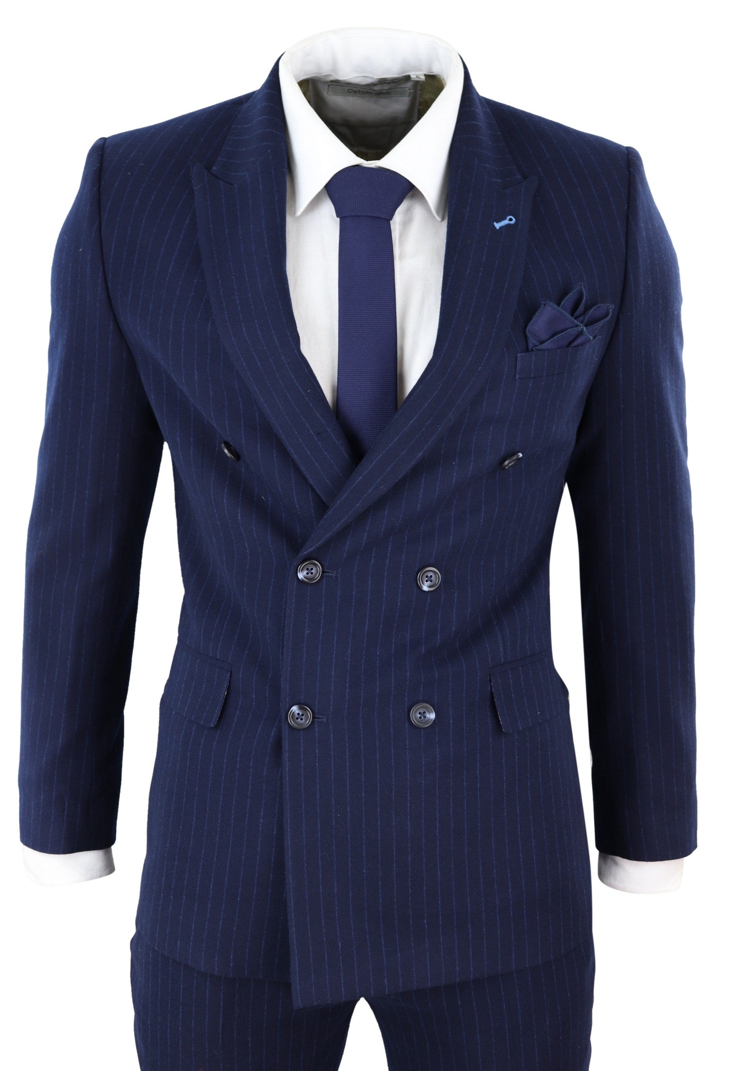 Terno mafioso azul-marinho com risca de giz e abotoamento duplo