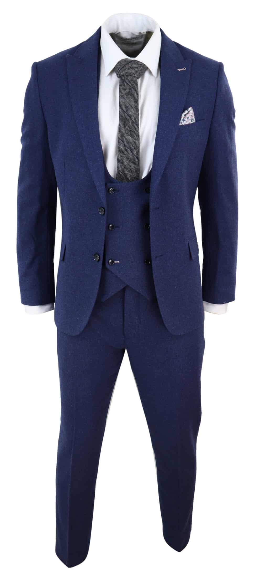 Terno masculino azul-marinho de 3 peças em lã