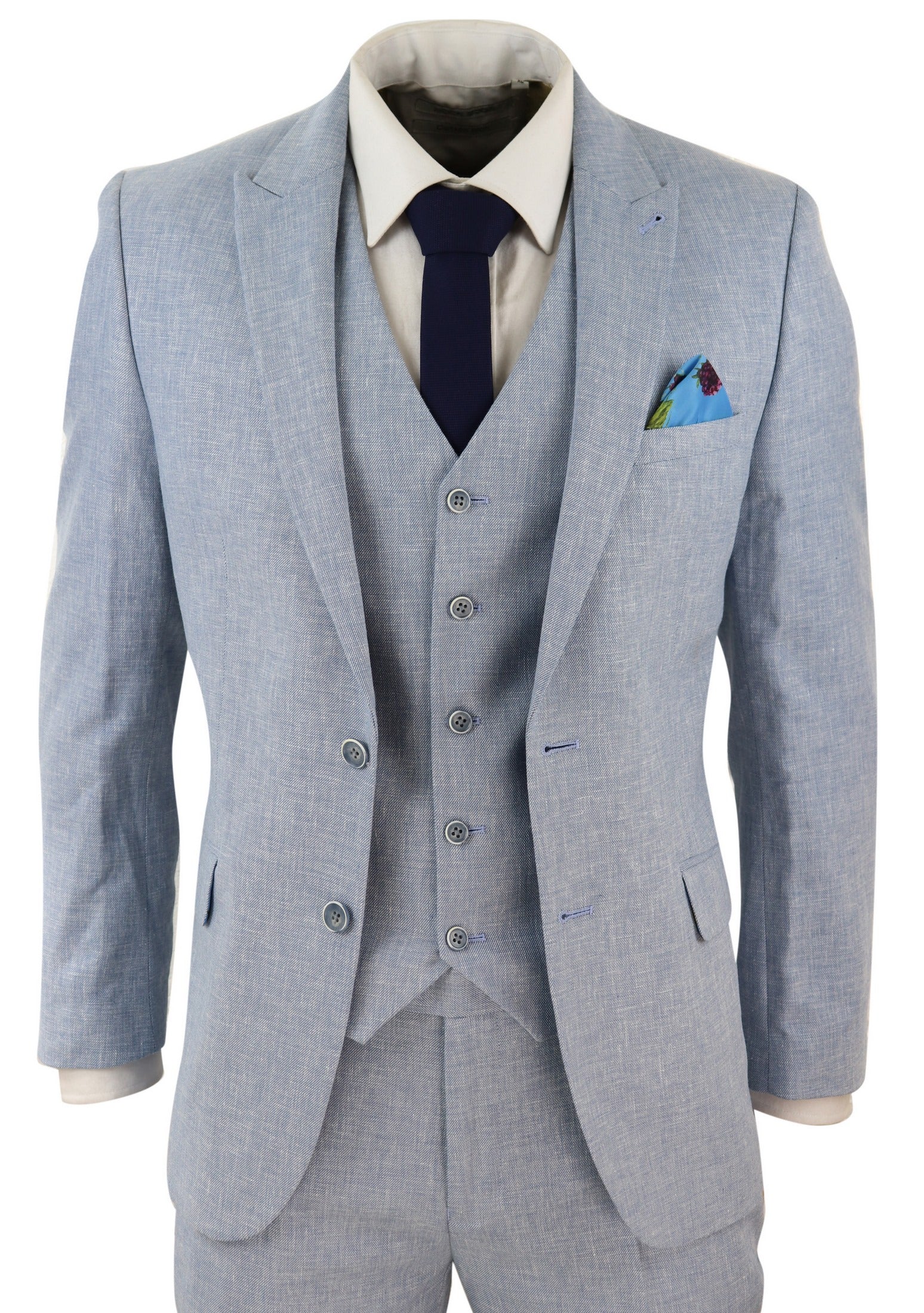 Terno masculino azul claro de linho de 3 peças