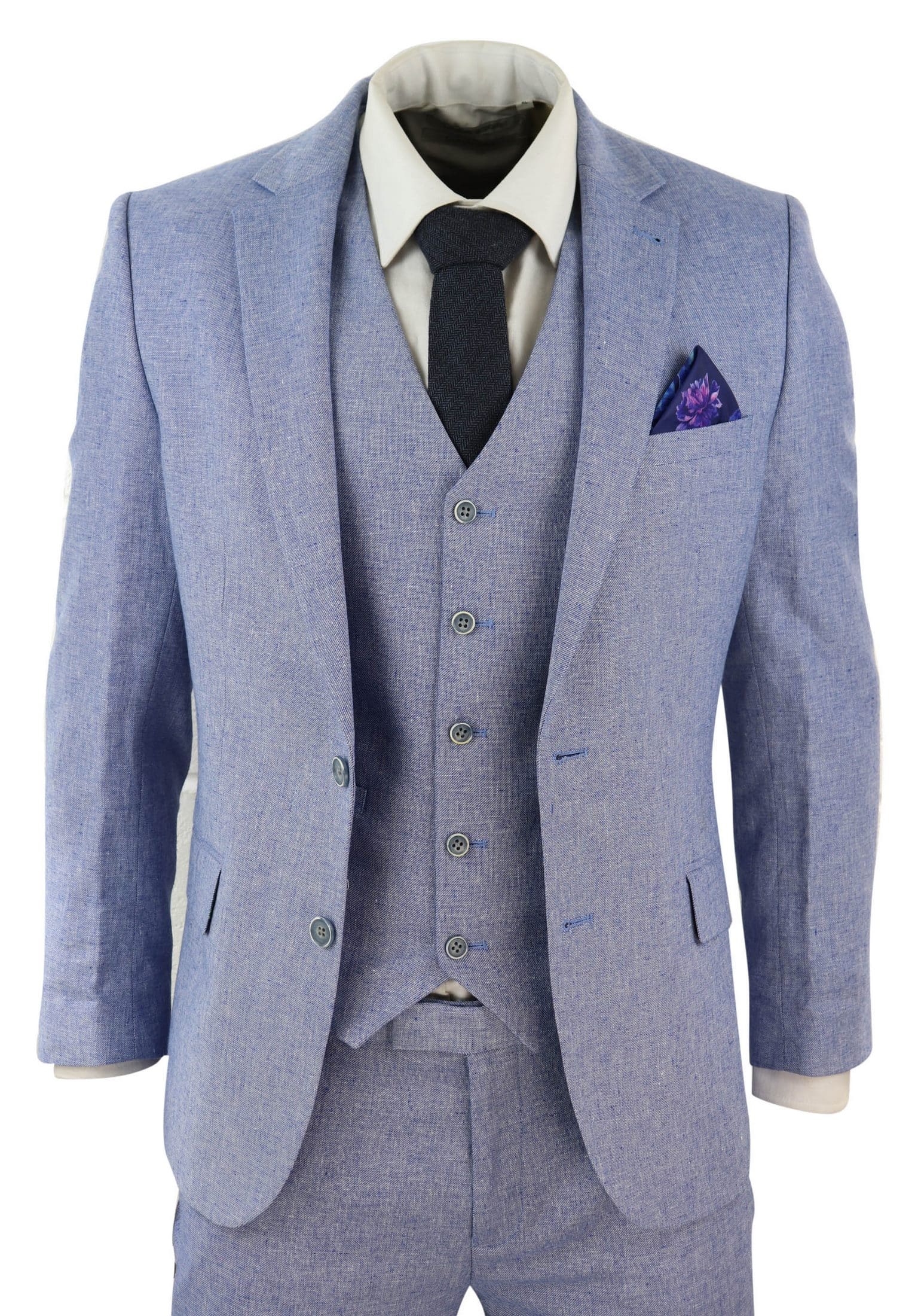 Terno masculino azul de linho de 3 peças