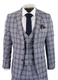 Terno masculino de três peças xadrez cinza e azul
