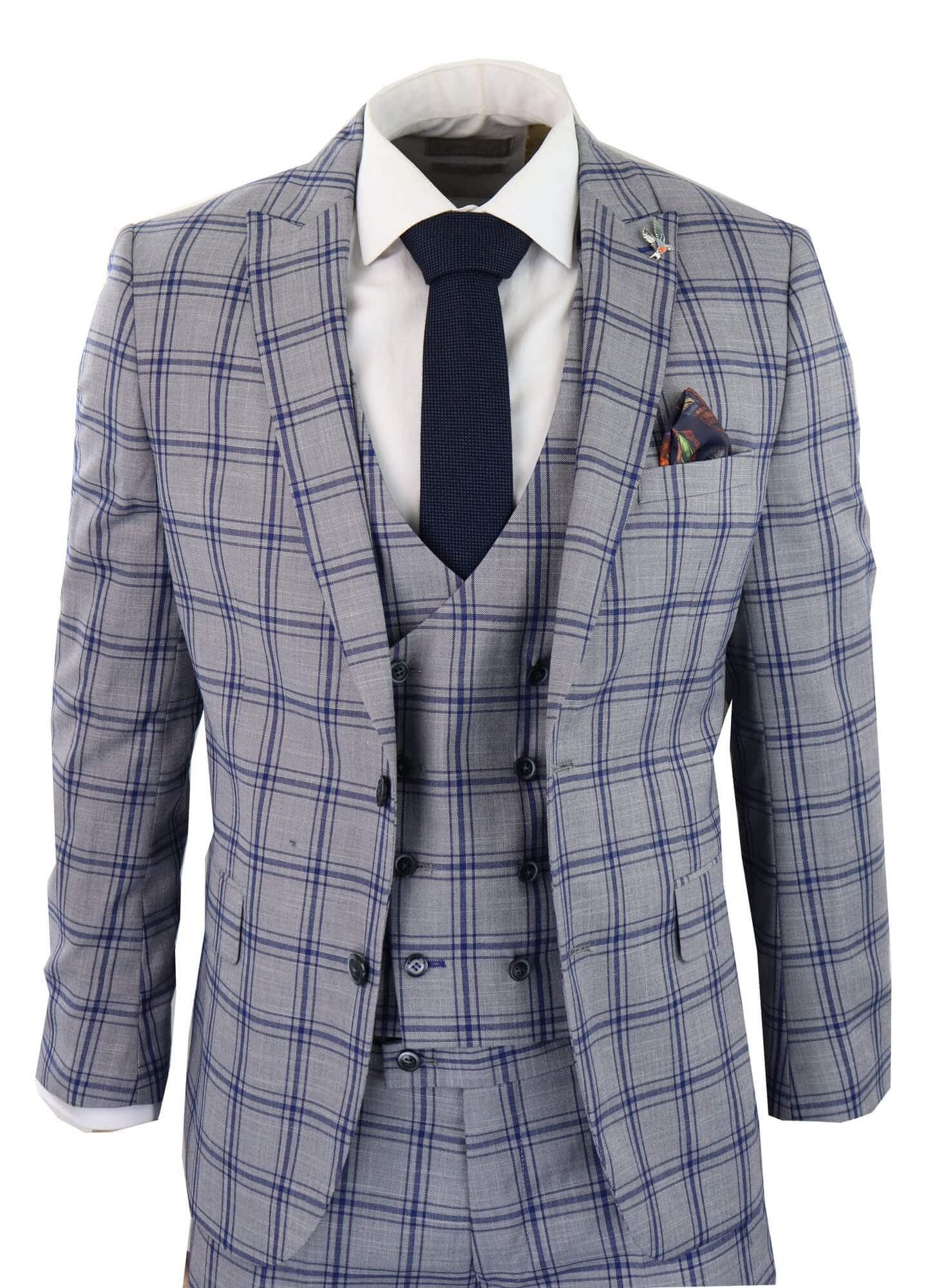 Terno masculino de três peças xadrez cinza e azul