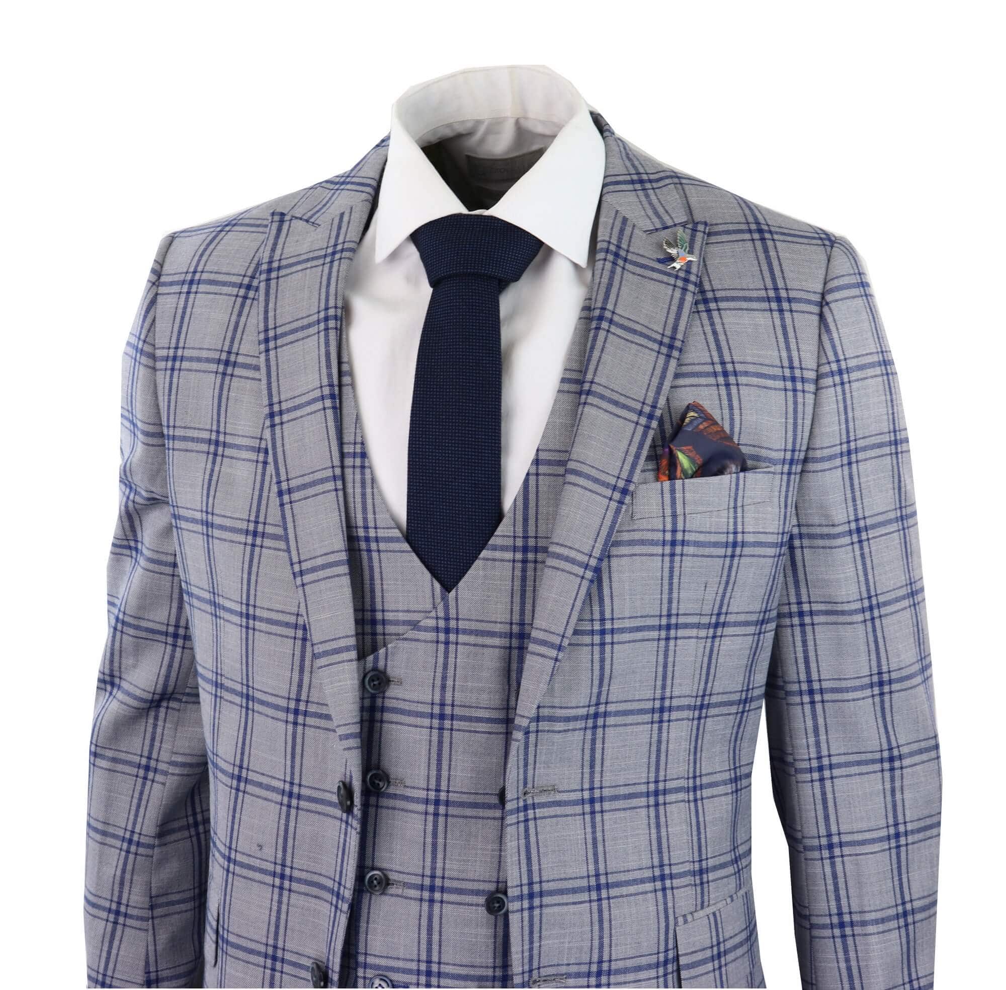 Terno masculino de três peças xadrez cinza e azul