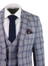 Terno masculino de três peças xadrez cinza e azul