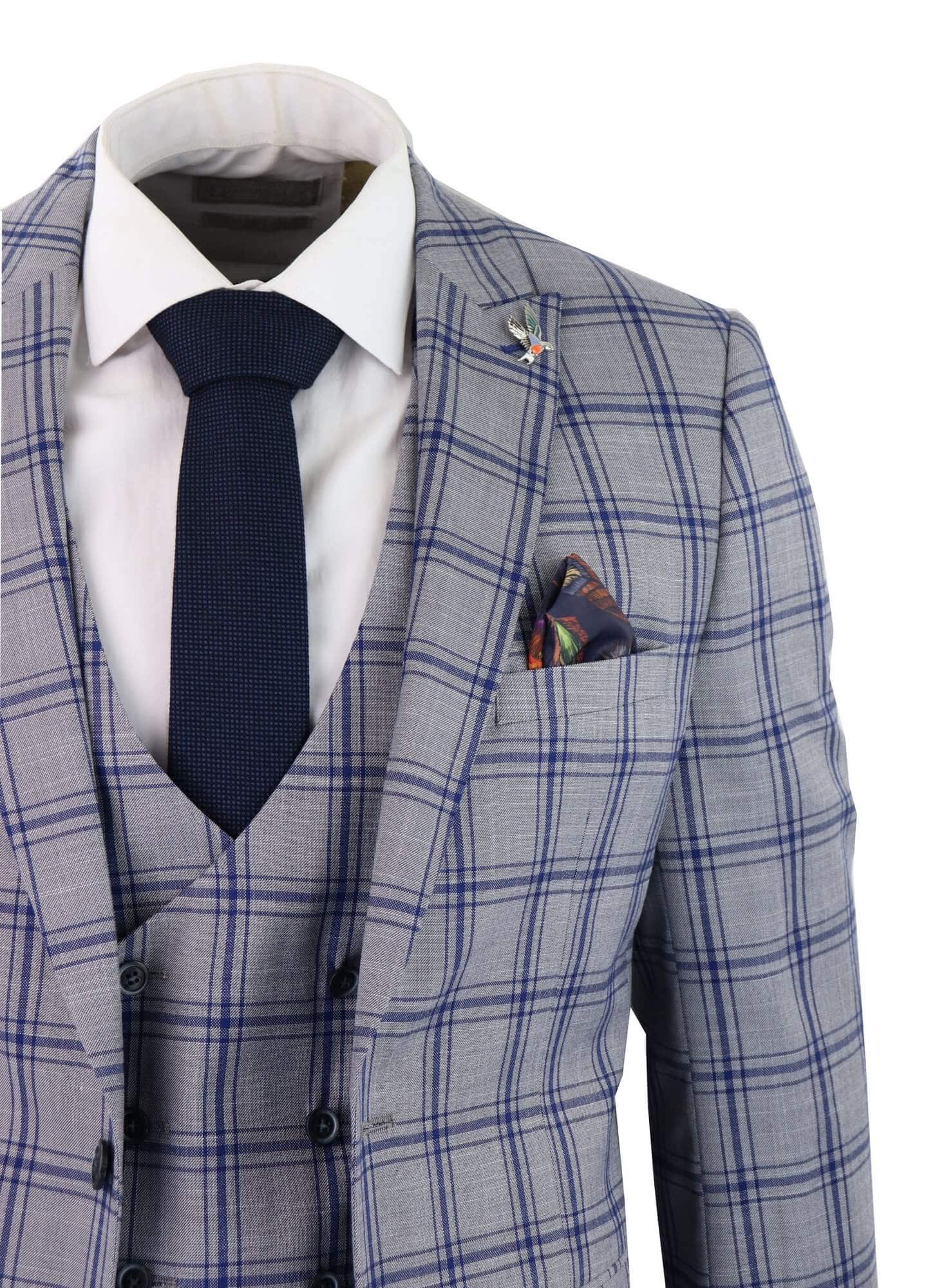 Terno masculino de três peças xadrez cinza e azul