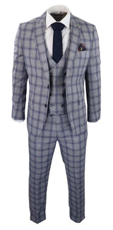 Terno masculino de três peças xadrez cinza e azul