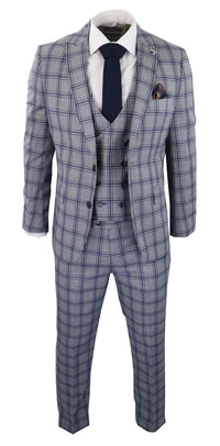 Terno masculino de três peças xadrez cinza e azul