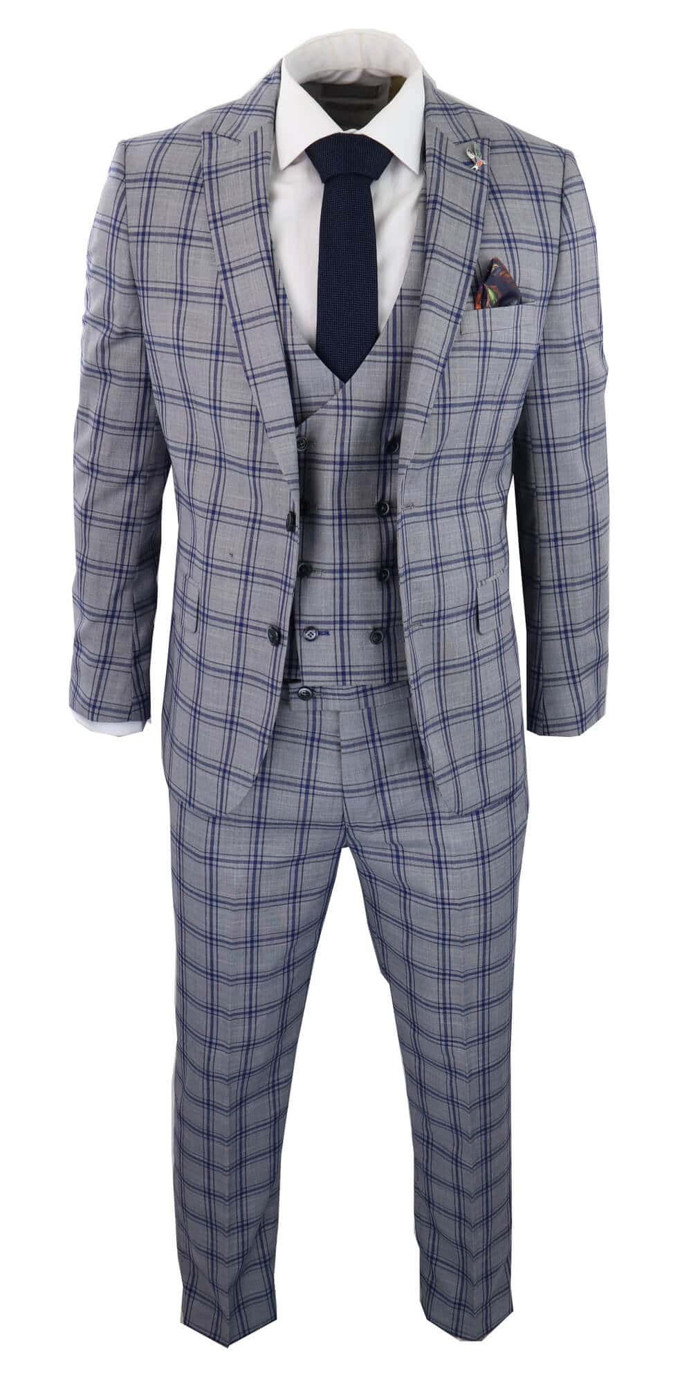 Terno masculino de três peças xadrez cinza e azul