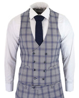 Terno masculino de três peças xadrez cinza e azul