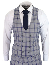Terno masculino de três peças xadrez cinza e azul