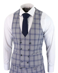 Terno masculino de três peças xadrez cinza e azul