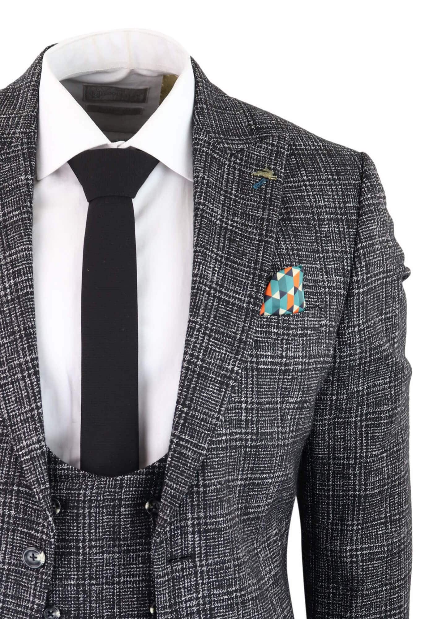 Terno masculino de três peças xadrez cinza-carvão