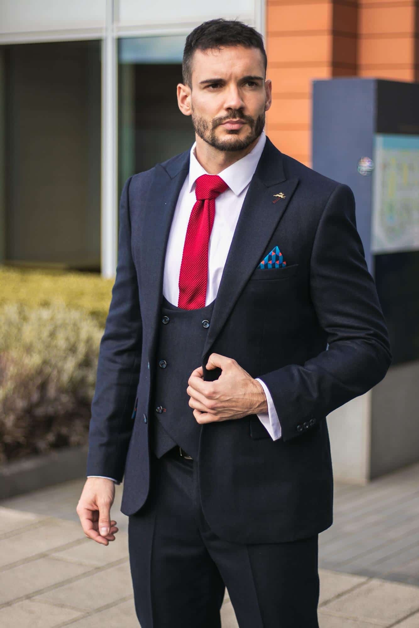 Terno masculino azul-marinho espinha de peixe de 3 peças