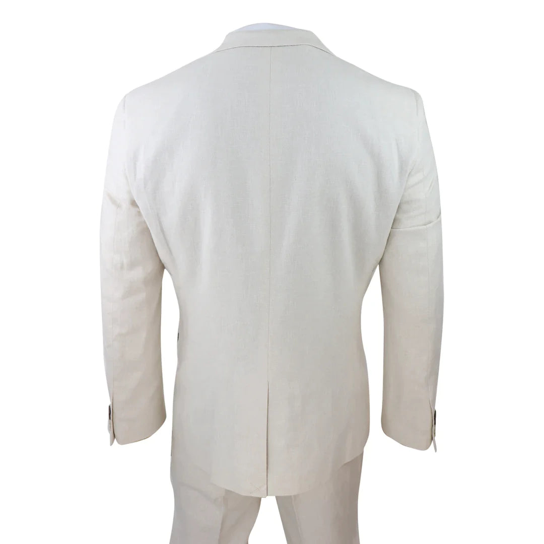 Terno masculino de linho de 3 peças, respirável, para casamento, em algodão, nas cores creme e bege.