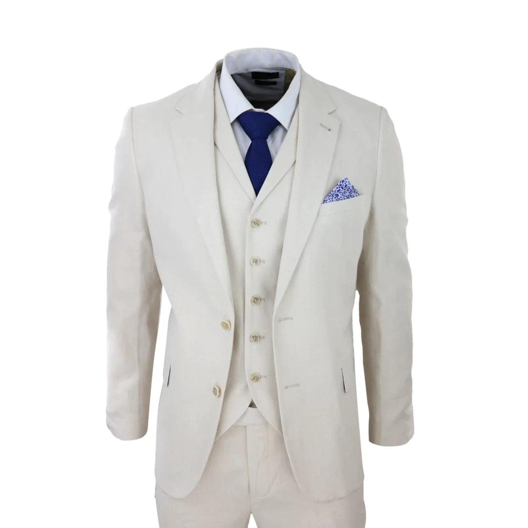 Terno masculino de linho de 3 peças, respirável, para casamento, em algodão, nas cores creme e bege.