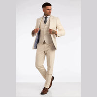 Terno masculino de linho de 3 peças, respirável, para casamento, em algodão, nas cores creme e bege.