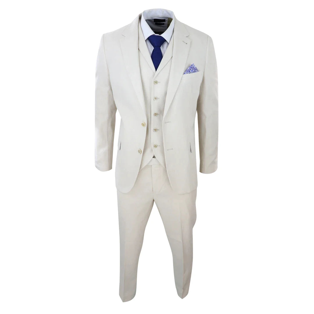 Terno masculino de linho de 3 peças, respirável, para casamento, em algodão, nas cores creme e bege.