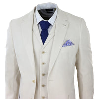 Terno masculino de linho de 3 peças, respirável, para casamento, em algodão, nas cores creme e bege.