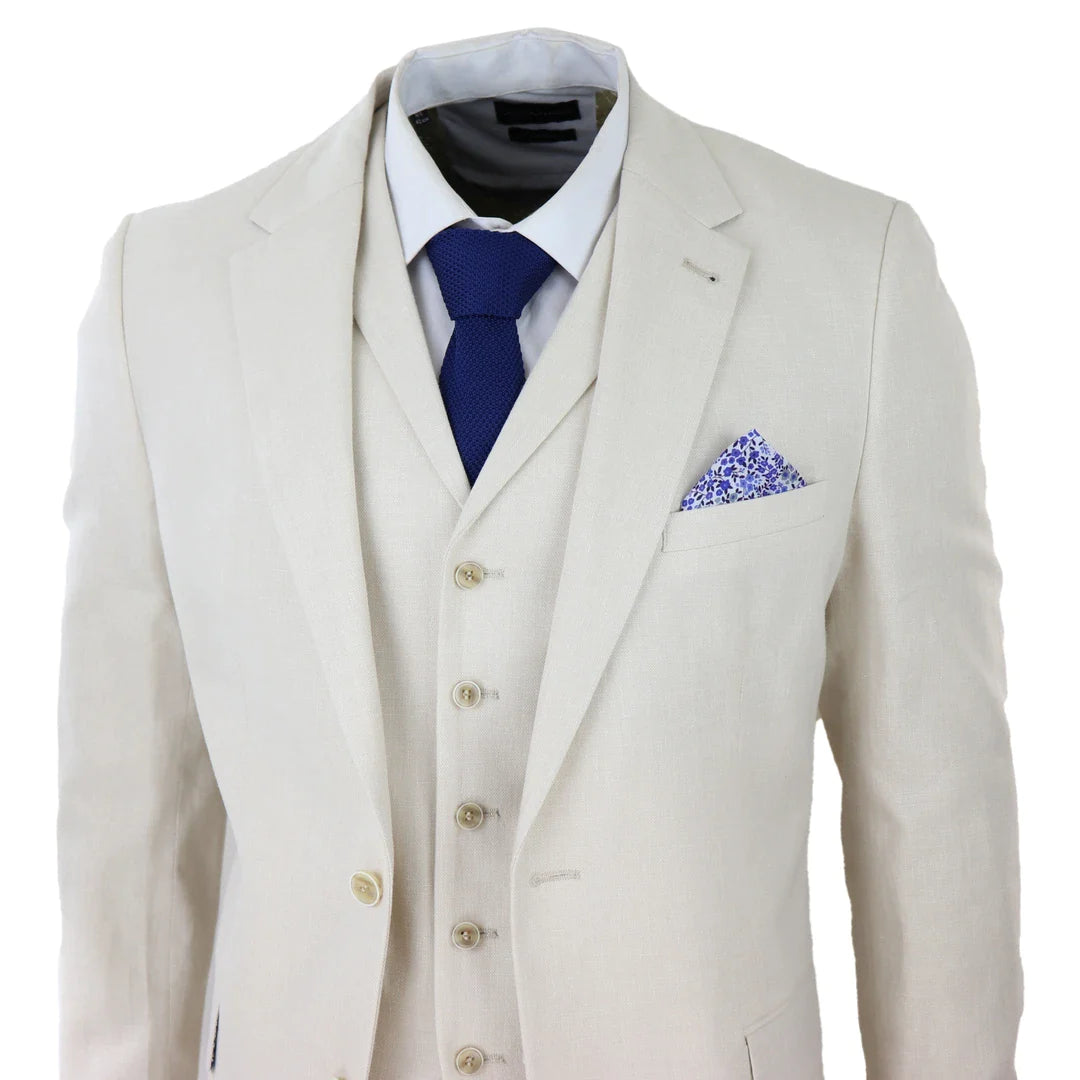 Terno masculino de linho de 3 peças, respirável, para casamento, em algodão, nas cores creme e bege.