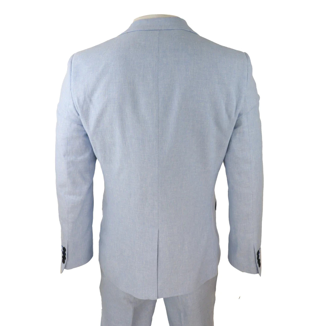 Terno masculino de linho de 3 peças, respirável, para casamento no verão, em algodão azul bebê claro.