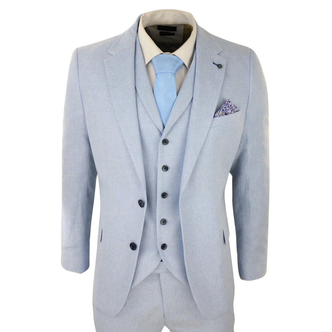 Terno masculino de linho de 3 peças, respirável, para casamento no verão, em algodão azul bebê claro.