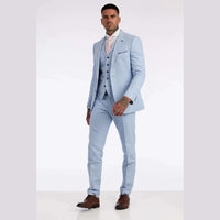 Terno masculino de linho de 3 peças, respirável, para casamento no verão, em algodão azul bebê claro.