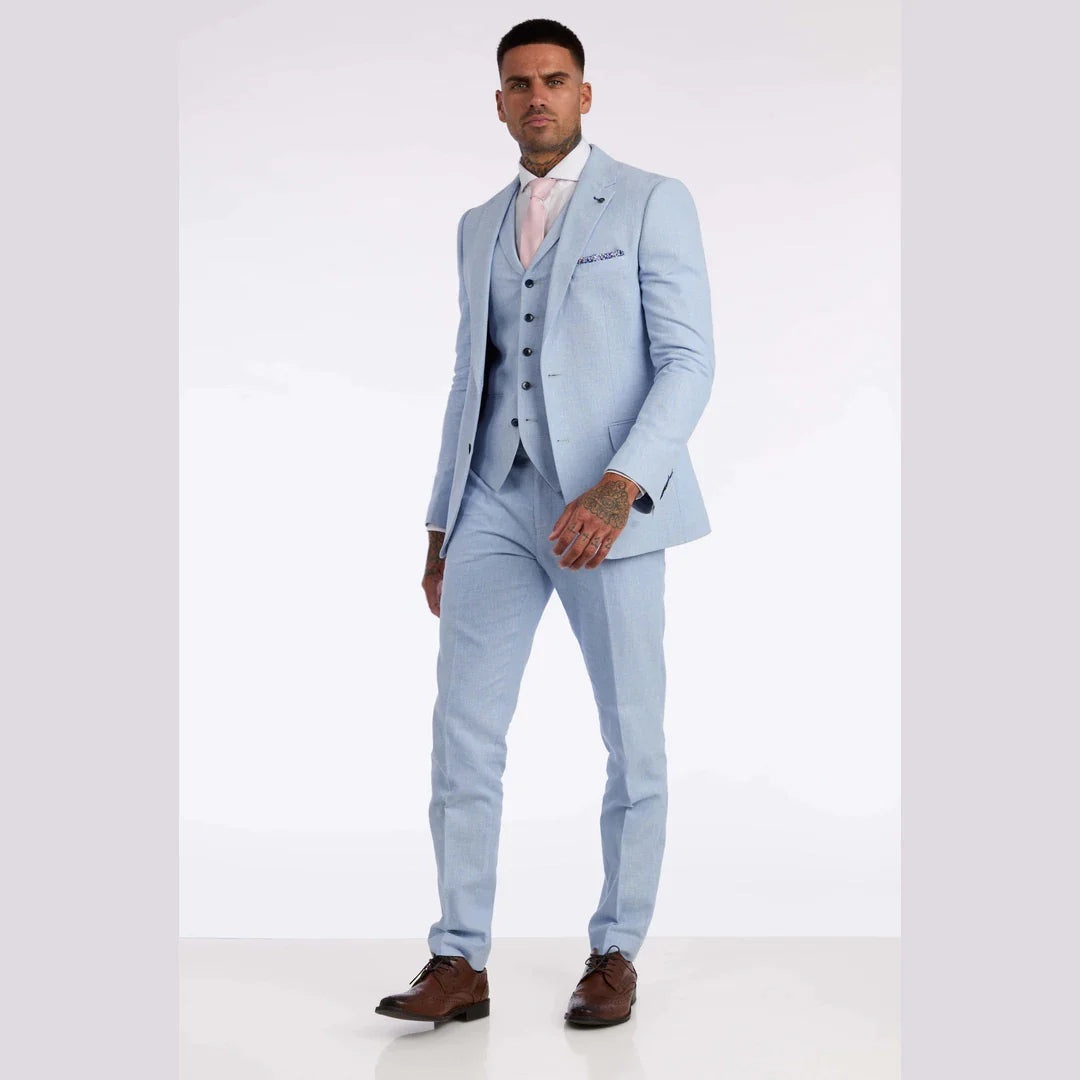 Terno masculino de linho de 3 peças, respirável, para casamento no verão, em algodão azul bebê claro.