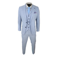Terno masculino de linho de 3 peças, respirável, para casamento no verão, em algodão azul bebê claro.